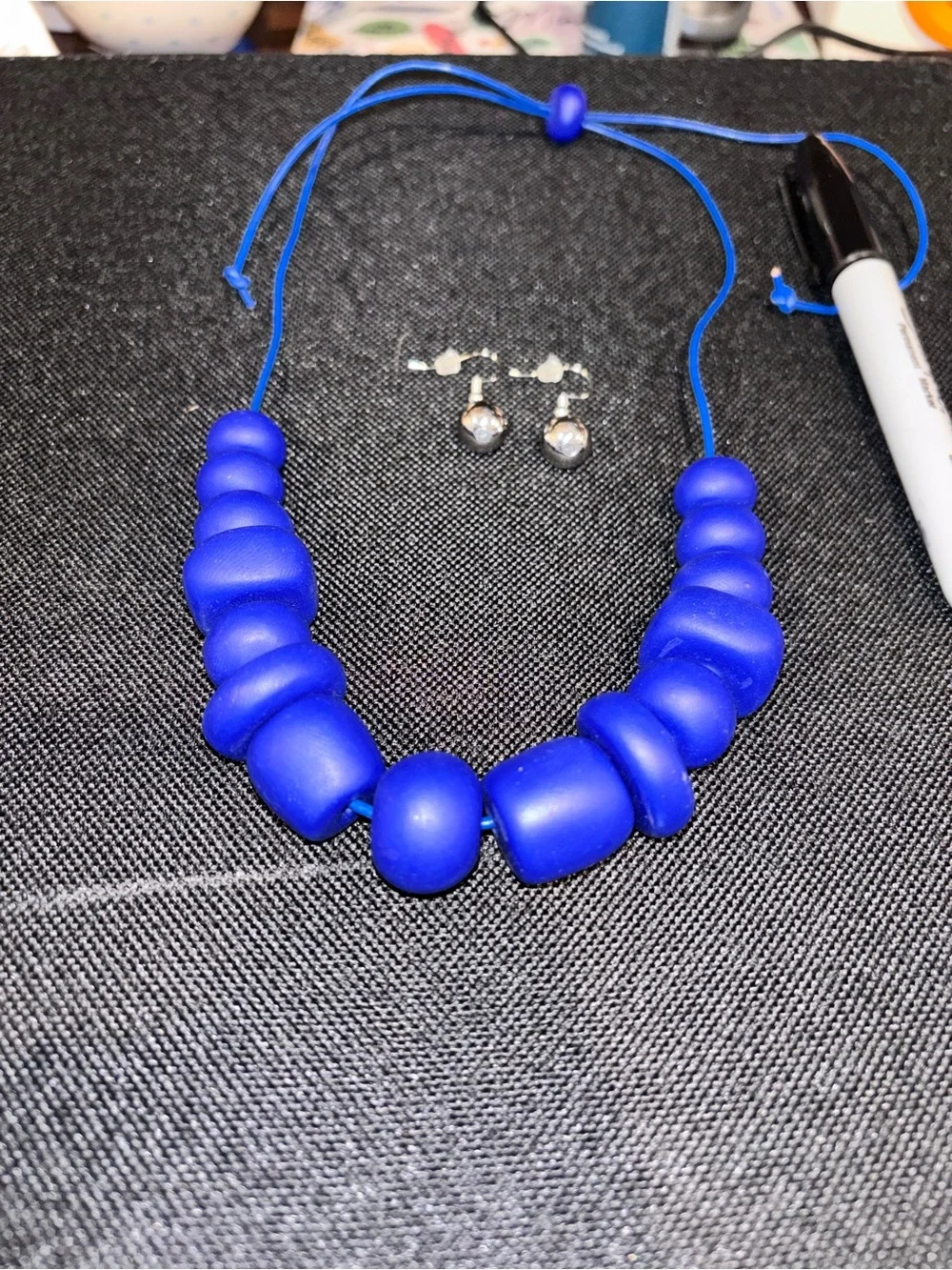 Bold Blue Beaded Statement Necklace with Matching Drop Earrings